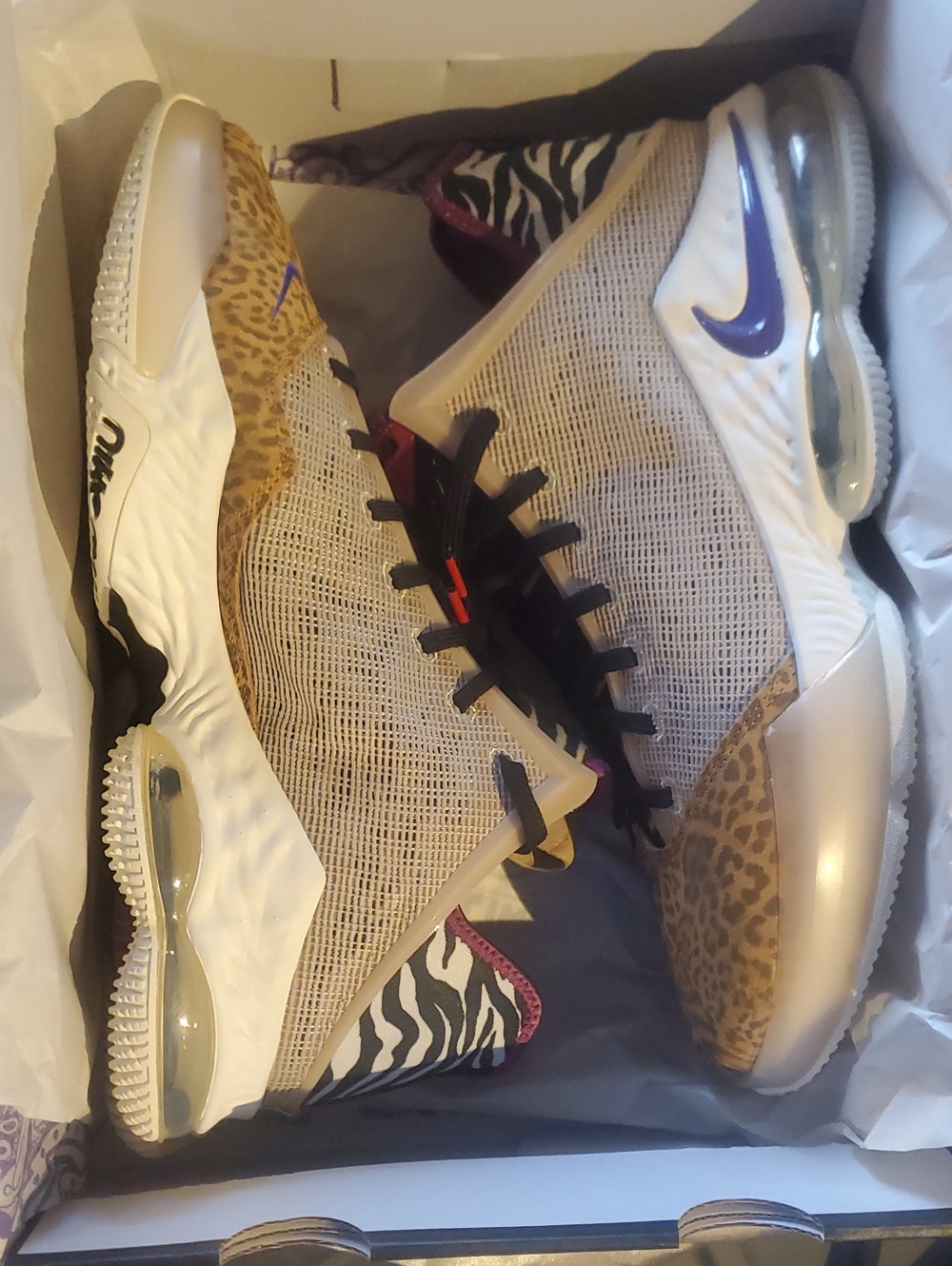 Lebron Mens Air Basketball Shoes - Beige with Leopard and Purple Accents